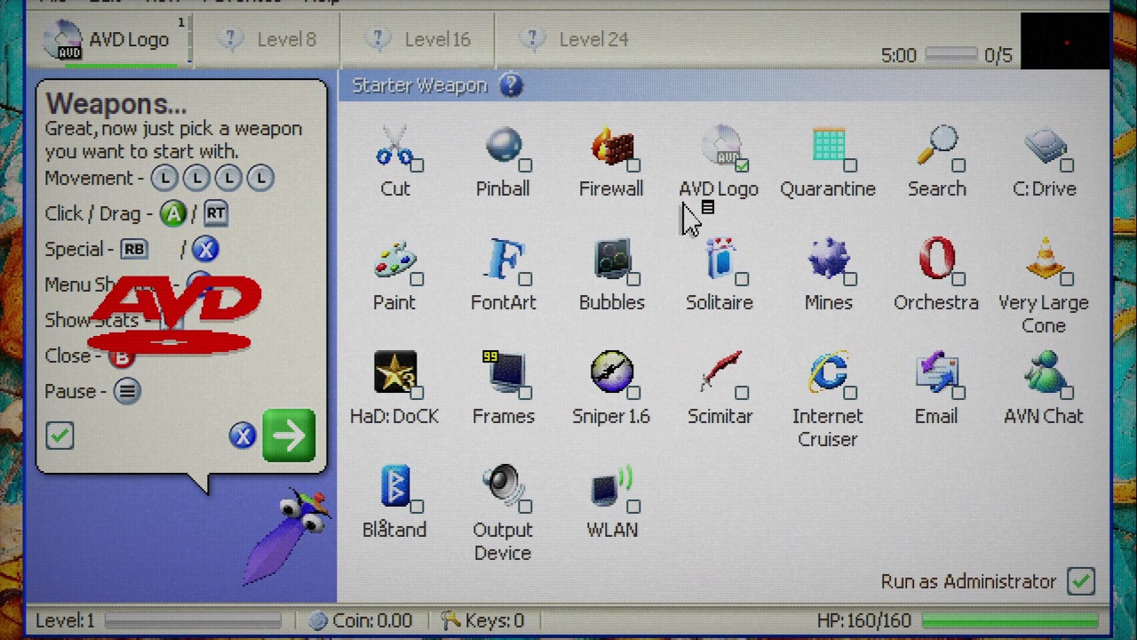 The weapon selection window listing the game's weapons as desktop-style icons
