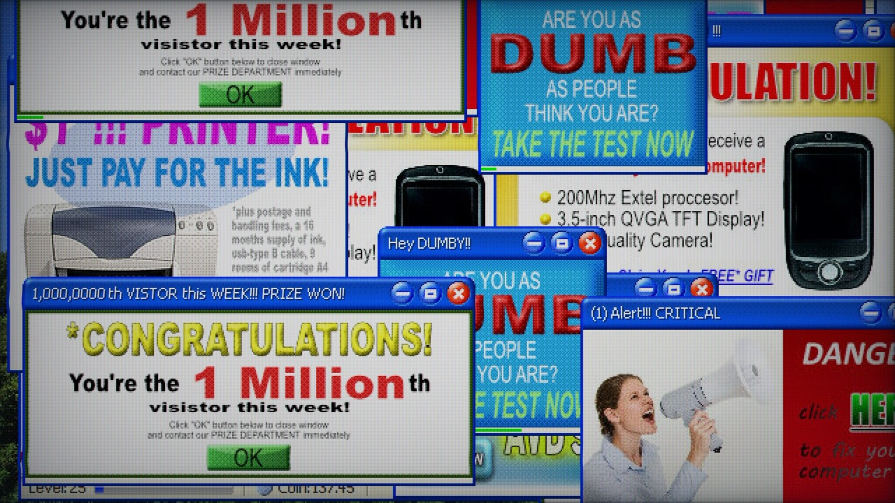 Fake 2003-style popup advertisements popping over the desktop
