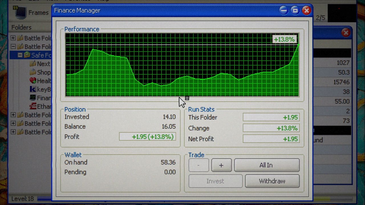 The Finance Manager window with a performance graph and trade controls